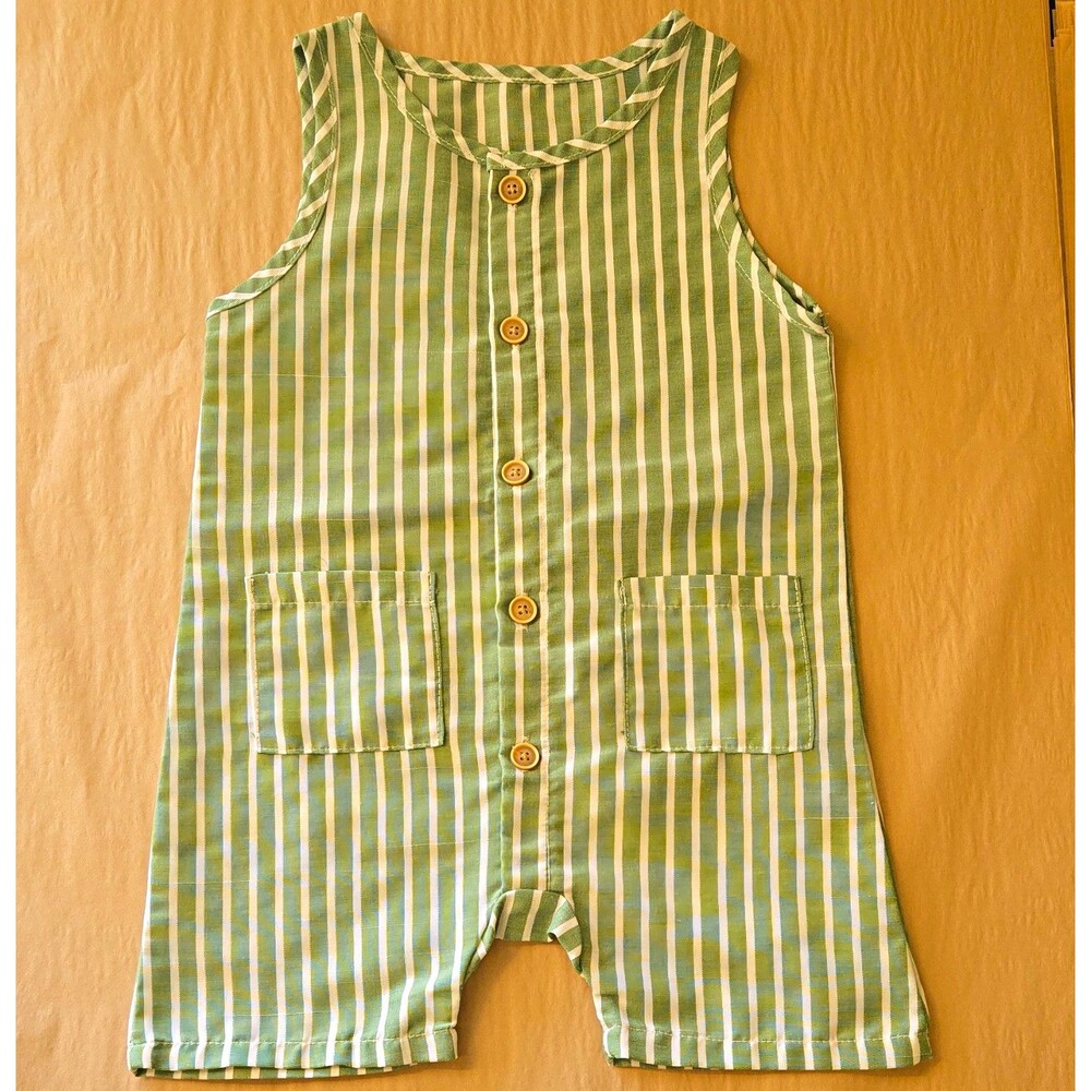 Baby/Toddler Green White Striped Sleeveless Romper Jon Jon 12-18M Button Pockets